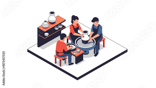 Isometric pottery class scene with students and instructor in a studio setting