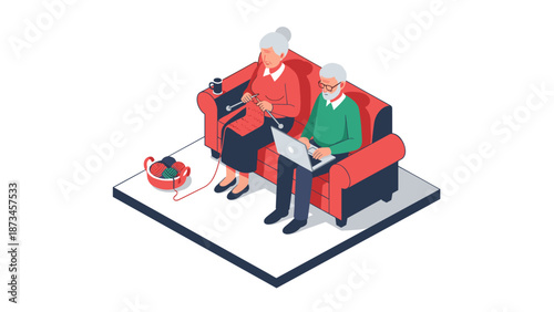 Elderly couple relaxing at home, engaged in hobbies on cozy sofa