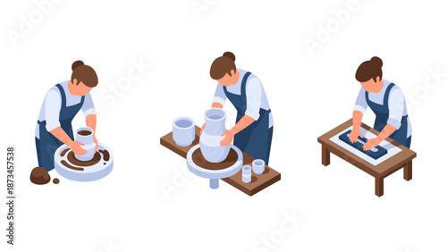 Isometric artisans crafting pottery: three stages of ceramic creation