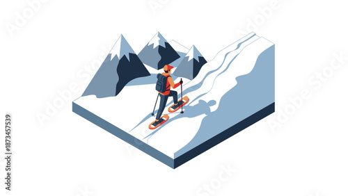 Isometric winter adventure scene with cross-country skier in snowy mountain landscape