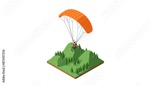 Isometric paraglider over forested hills with orange parachute