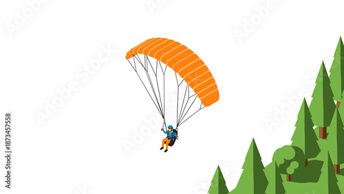 Adventurous paragliding in nature with orange parachute and pine trees