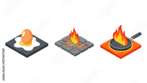 Isometric cooking elements: fried egg, stone grill, and fiery pan illustrations