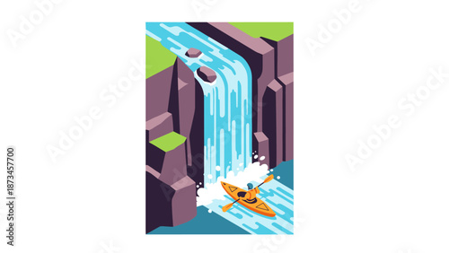 Isometric adventure: kayaking down a majestic waterfall