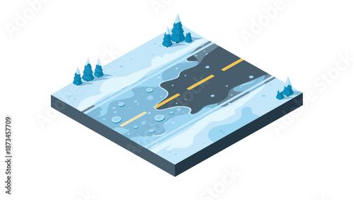 Isometric winter road: snowy landscape with ice and pine trees