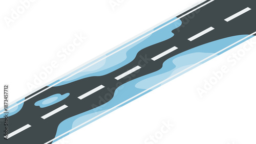 Wet highway road with puddles reflecting sky in minimalist style