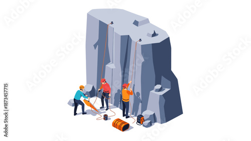 Isometric rock climbing adventure with climbers and gear on rocky surface