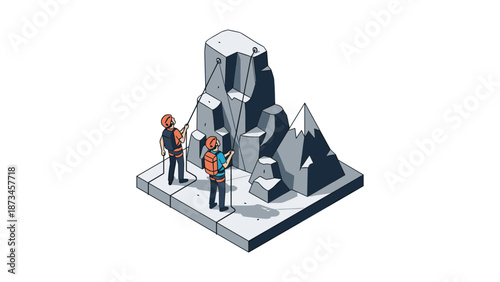 Isometric climbers on mountain structure with safety gear and equipment