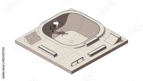 Isometric skatepark scene with skater performing tricks in concrete bowl