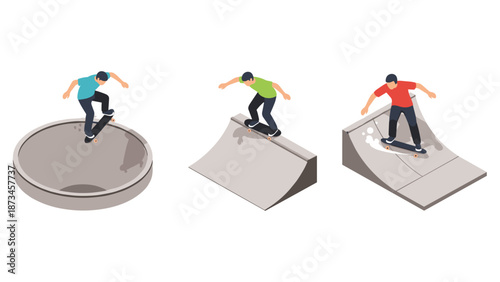 Isometric skateboarders performing tricks on urban ramps and bowls
