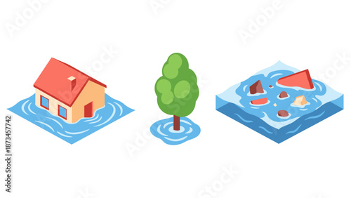 Isometric flooded house, tree, and debris on water surface art