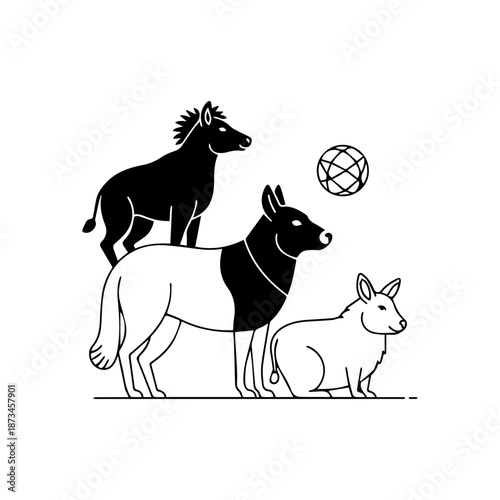 Line art scene with three animals in a hierarchy topped by a spikyhaired animal and a ball nearby