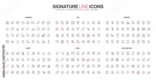 Line style icons set covers finance, tax, invoice, audit, CRM, accounting concepts with red and black minimalist elements for business, management, and analytics isolated vector illustration