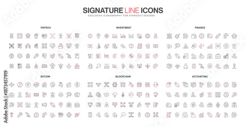 Modern line icons cover fintech, investment, finance, bitcoin, blockchain, and accounting concepts with red and black accents, suitable for digital financial themes isolated vector illustration