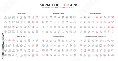 Modern line icons cover visa approval, business strategy, creative startup, core values, business startup, analytics and performance concepts in a minimal isolated vector illustration