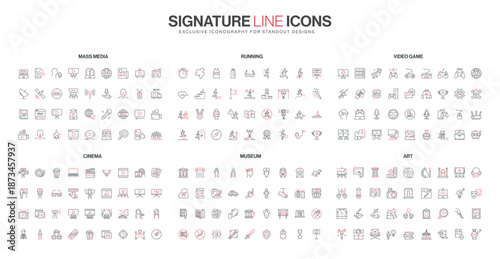 Collection of thin line icons in red and black representing mass media, running, video games, cinema, museum, and art themes, each with modern minimalist style isolated vector illustration
