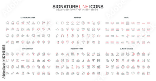 Line style icons set covers climate change, CO2 emission, industry, extreme weather, wave patterns, and meteorological symbols for environmental awareness isolated vector illustration