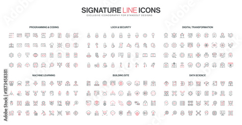 Modern line icons set covers programming, cybersecurity, digital transformation, machine learning, construction, and data science concepts in a minimal red and black isolated vector illustration