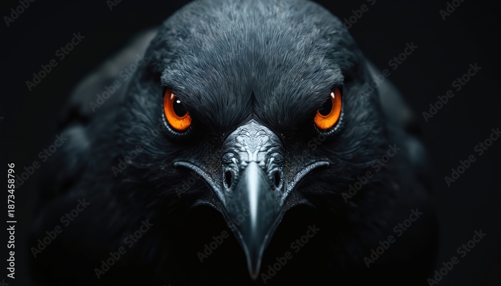 Naklejka premium Close-up black bird face with vibrant orange eyes. Dark feathers and sharp beak create intense look. Wild animal in its natural dark habitat. Focus on bird head.