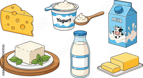 A wholesome and diverse collection of essential dairy products, featuring fresh milk, cheese, creamy yogurt, and delicious butter