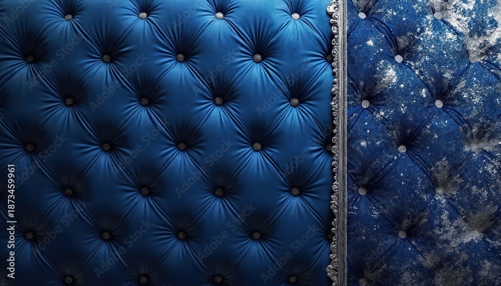 Obraz premium Close up view of tufted royal blue velvet fabric with abstract silver shimmering patterns. Luxurious deep blue texture background ideal for interior design, fashion, or elegant graphic.