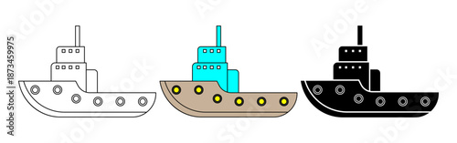 side view Tugboat icon set isolated on white background