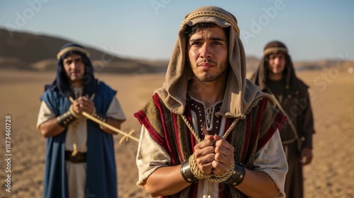 Biblical story of Joseph bound and sold into slavery in the desert. A young captive with a distressed expression. Historical reenactment of a bible narrative