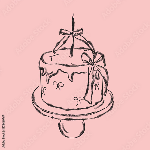 Happy Birthday Cake Doodle With Cherry Sweet Desert Vector Illustration Design.