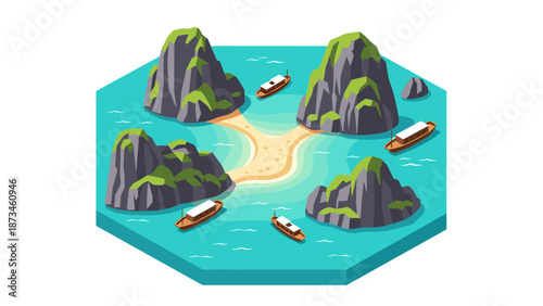Idyllic island scene with boats and rocky outcrops in vibrant isometric style