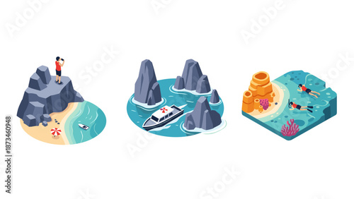 Isometric coastal scenes: beach exploration, yachting, and snorkeling adventure
