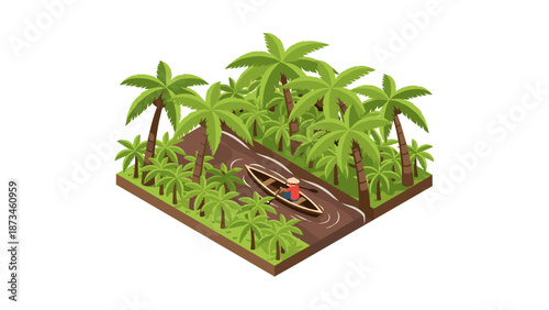 Isometric jungle adventure with canoe and palm trees on tropical river
