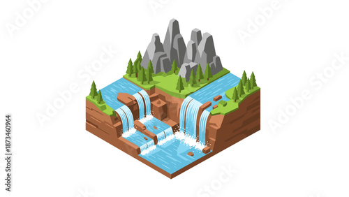 Isometric nature landscape with waterfalls and mountains in 3d design