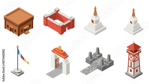 Isometric cultural landmarks set with pagoda, fortress, gate, tower, and flag