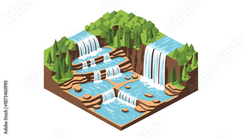 Isometric waterfall scene with cascading streams and lush forest