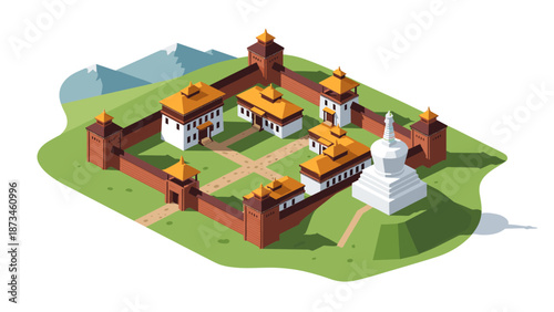 Isometric ancient castle with courtyard and pagoda roofs on a green landscape