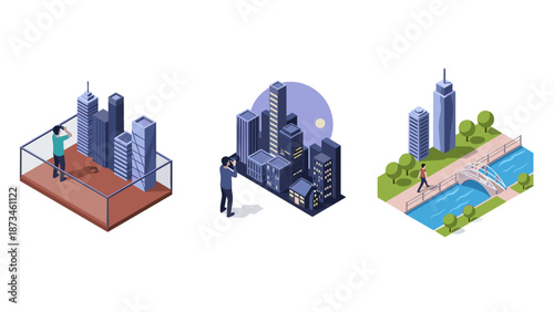 Isometric urban views with photographers capturing cityscapes and parks