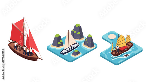 Nautical adventure: isometric scenes of sailing boats and rocky islands