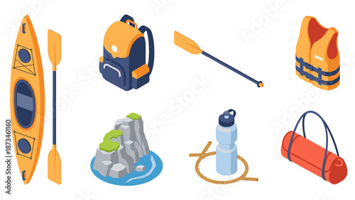 Isometric outdoor adventure gear with kayak, backpack, and equipment