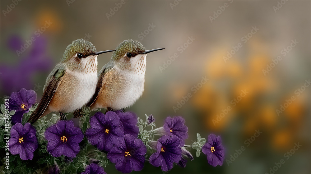 Obraz premium Two Hummingbirds Feeding on Purple Flowers
