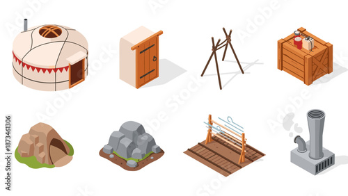 Isometric camping and outdoor equipment collection featuring tents, fireplaces, and gear