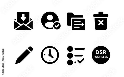Collection of eight black icons representing common digital actions and tasks