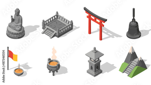 Isometric japanese icons: buddha, torii gate, stone lantern, mountain, temple bell