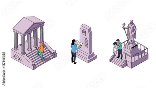 Isometric landmark exploration with tourist, scholar, and photographer