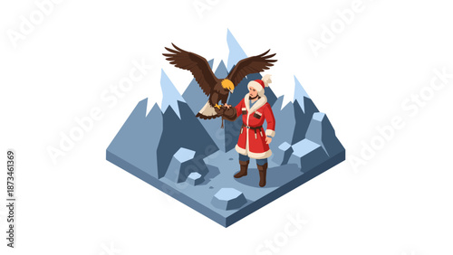 Isometric winter scene with falconer and eagle in snowy mountains