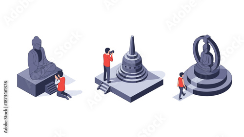 Isometric buddhist scene with monuments and characters in minimalist red and gray