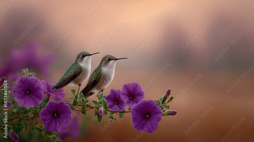 Naklejka premium Two Hummingbirds Perched on Purple Flowers