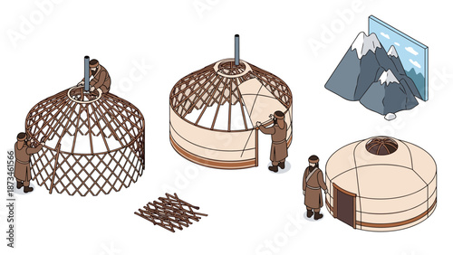 Isometric building process of a traditional yurt with mountain view