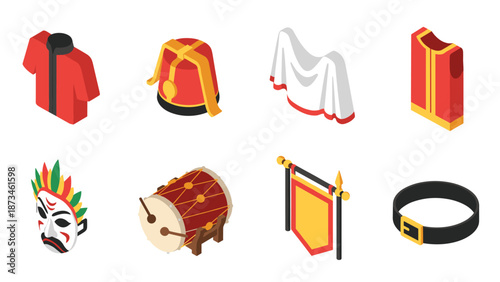 Isometric cultural icons set: traditional clothing, drum, and decorative elements
