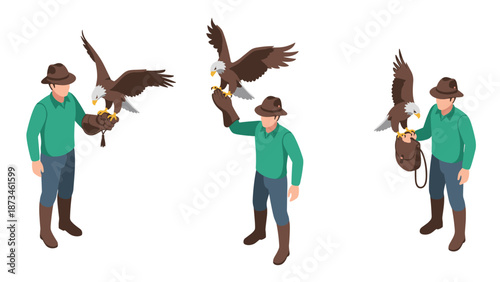 Isometric falconer with bald eagle in green shirt and brown boots on white background