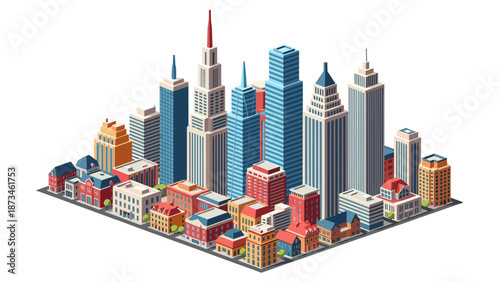 Vibrant isometric cityscape with colorful buildings and skyscrapers
